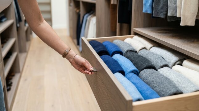 Woman organizing a modern closet with color-coded sweaters in a neat drawer, creating a clean and organized wardrobe