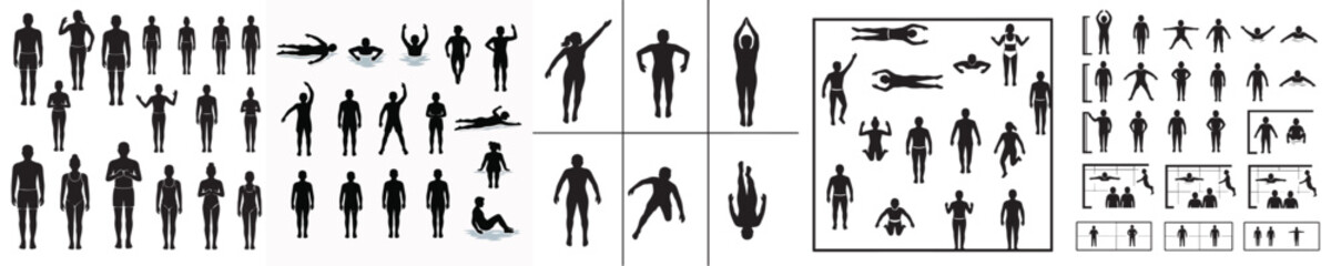 Fototapeta premium set of people swimming in the pool top view silhouettes for architectural assets. men and women swimmer. black shadow plan