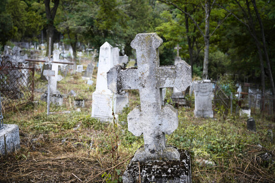 Old weathered stone cross in an overgrown cemetery. Close up of a mossy gravestone in an abandoned graveyard. Historic christian monument