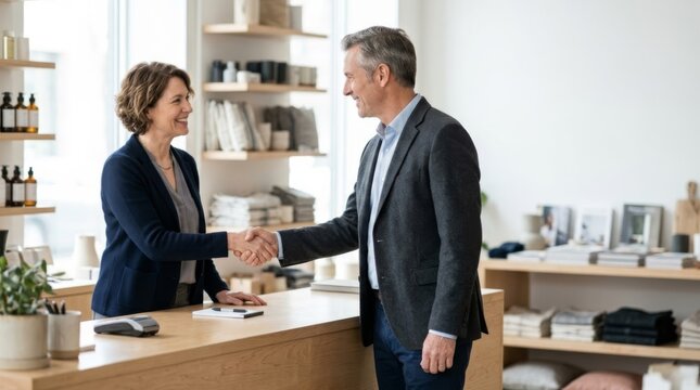 Store owner and supplier shake hands over counter in modern shop, finalizing business agreement with copy space
