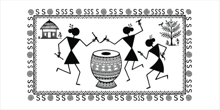 Traditional indian warli painting featuring stick figures dancing around a drum in a tribal folk art style