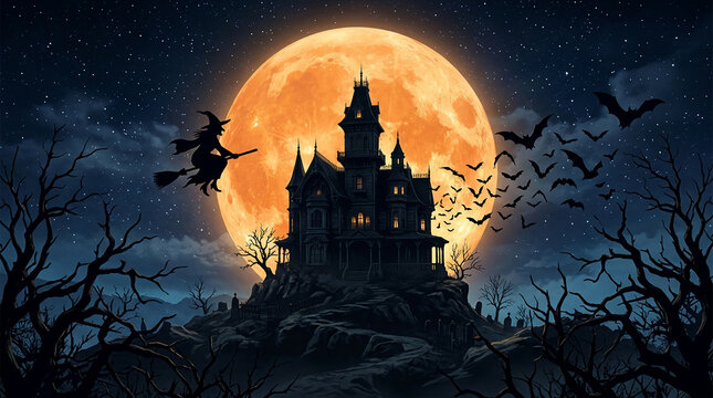 Spooky haunted house on a hill under a giant orange moon with flying bats and a witch, symbolizing Halloween and mystery.