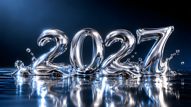 Photorealistic chrome 2027 numbers flowing like liquid metal on a reflective surface, with dramatic blue and silver lighting. Premium futuristic New Year concept with elegant copy space.