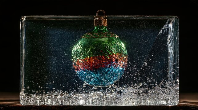 Colorful striped Christmas bauble appears suspended inside clear rectangular ice block