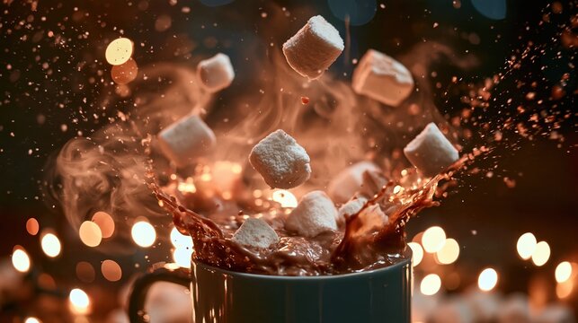 Flying marshmallows erupt from steaming cocoa mug in dramatic warm splash