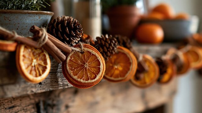 Dried orange cinnamon and pinecone garland hangs across rustic wooden shelf