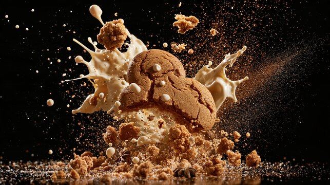 Chocolate cookie breaks through creamy milk splash with crumbs frozen in motion