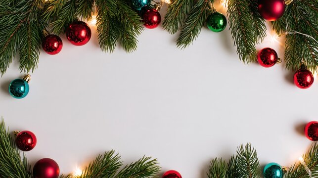 Red and teal Christmas baubles frame blank center with evergreen branches