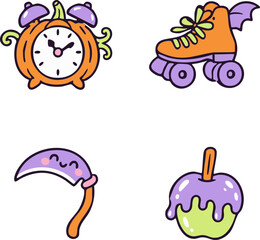 Fototapeta premium Cute Halloween Outline Collection with Skateboarding Ghost, Monsters and Spooky Treats