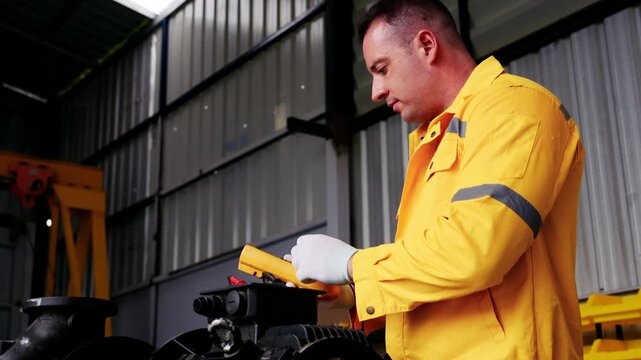 Focused manufacturing engineer worker professional electrician using digital multimeter device measuring electricity voltage inside industrial