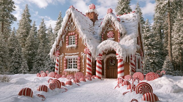 Tall candy gingerbread house stands among snowy fir trees and peppermint decorations