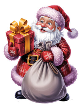 Cheerful Santa in red plaid suit holding gold gift and toy sack