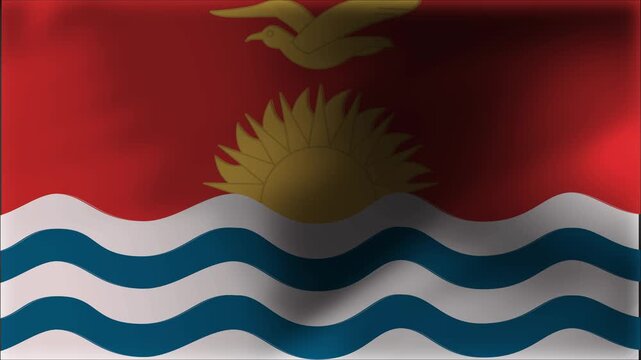 Waving flag of kiribati, a vibrant national symbol featuring a golden frigate bird, rising sun, and blue and white ocean waves