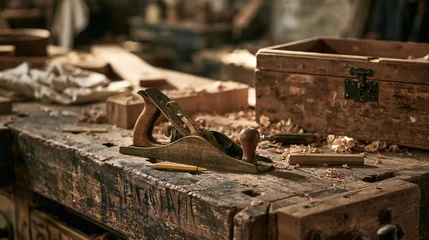 Vintage hand plane and wooden toolbox rest on shavings covered carpentry workbench © swillklitch