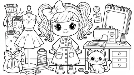 Fototapeta premium Young Fashion Designer in Creative Studio Coloring Page