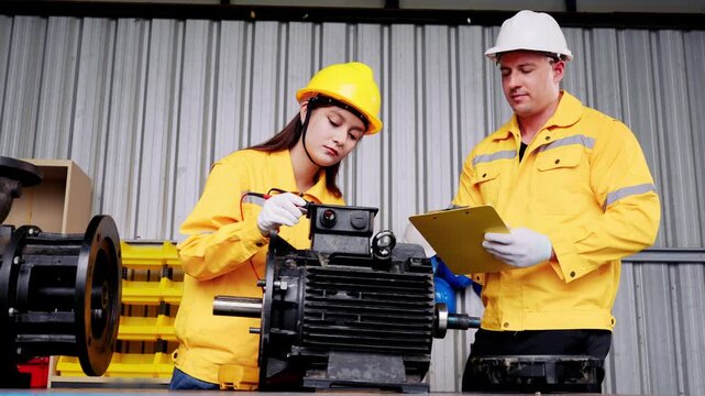 Focused professional engineer team performing industrial maintenance technical inspection electric motor machine assembly inside factory workshop