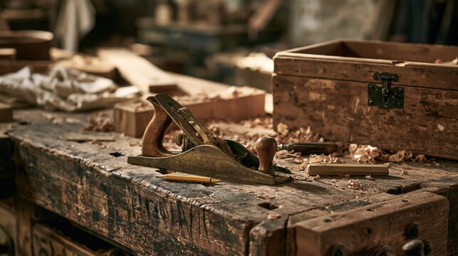 Vintage hand plane and wooden toolbox rest on shavings covered carpentry workbench