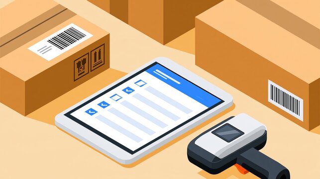 Parcel checking setup combines barcode scanner tablet and labeled shipping boxes