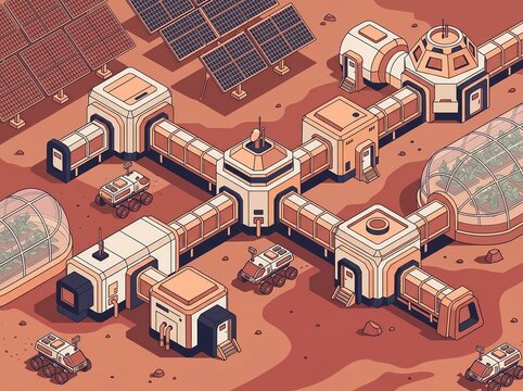 Isometric Mars Research Colony Space Exploration Vector Illustration