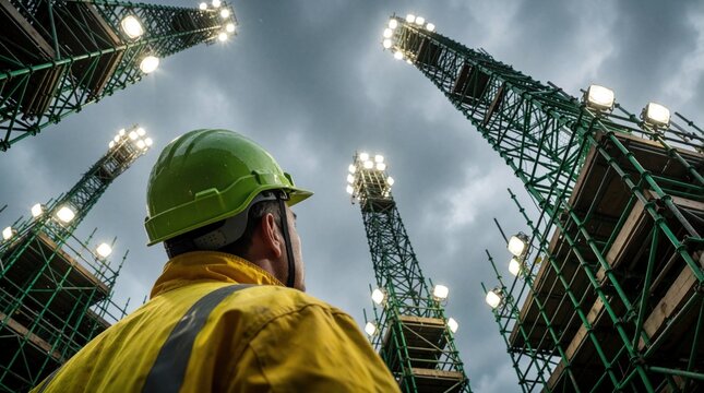 Male engineer in green hard hat, yellow jacket looks up at tall metal scaffolding. Construction site bright work lights on structure under cloudy sky. Industrial worker inspects building framework