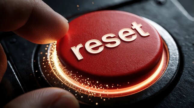Human finger presses glowing red reset button. Bright sparks fly from electronic control panel during system reboot. Concept of sudden change, fresh start, innovation in tech industry. Person