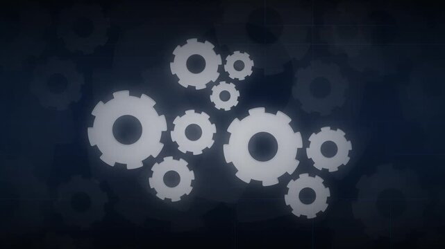 Gears animation shows mechanical cogs rotating on a grid. Industrial engineering workflows operate the gears. Smart mechanical machinery progress drives these gears.