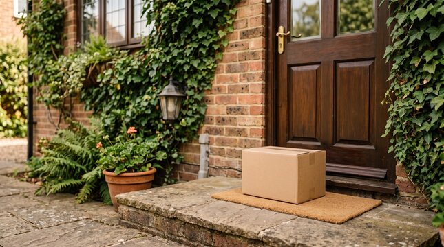 Cardboard delivery package left on doorstep of brick house with ivy and potted plants
