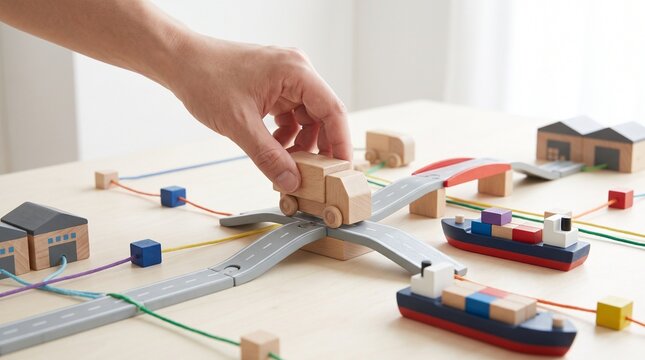 Hand playing with wooden toy truck, container ships, and roads, representing logistics and supply chain