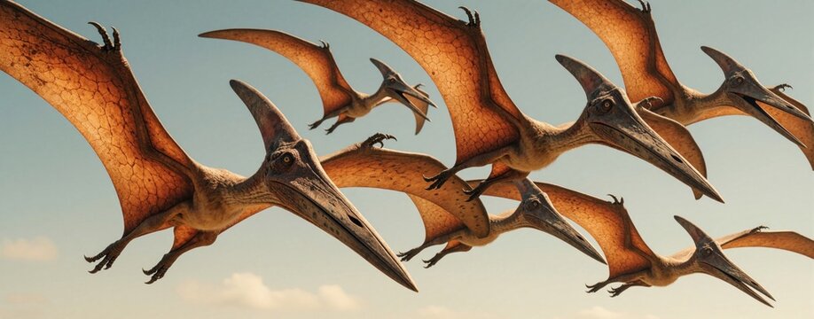 Four pterodactyls fly in formation across clear blue sky. Prehistoric flying reptiles soar through air with large wings. Ancient dinosaur creatures glide over landscape during jurassic era. Group of