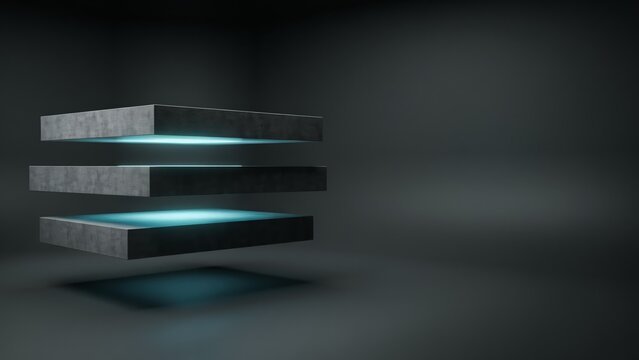 Abstract background with three floating concrete slabs featuring glowing blue light effects