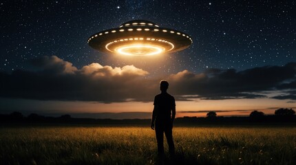 Fototapeta premium Silhouette of man stands in dark field looking at glowing UFO in night sky. Flying saucer hovers above clouds with bright light. Alien spacecraft arrives in meadow under starry cosmos. Mysterious