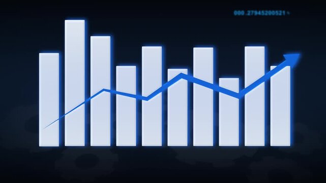 Bar chart animation shows a downward falling trend arrow on dark. Financial revenue loss reflects on this bar chart. Negative economic performance marks the chart.