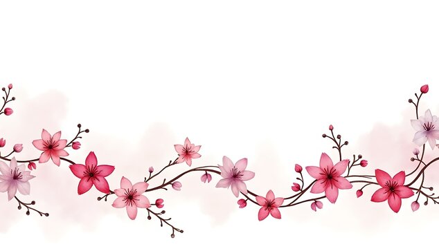 Beautiful pink cherry blossom flowers arranged in a horizontal decorative floral border line