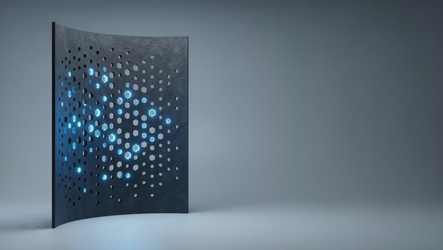 Abstract curved dark panel with glowing blue hexagonal holes and light