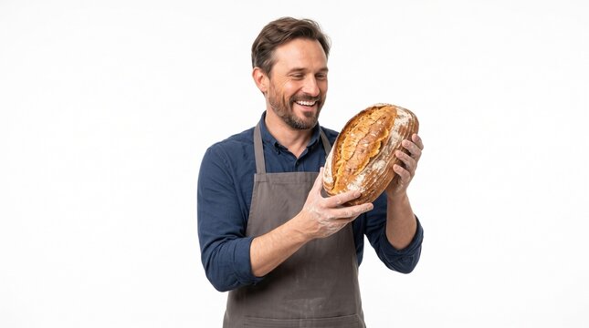 Smiling baker proudly holding a freshly baked artisan sourdough bread loaf with flour on his hands