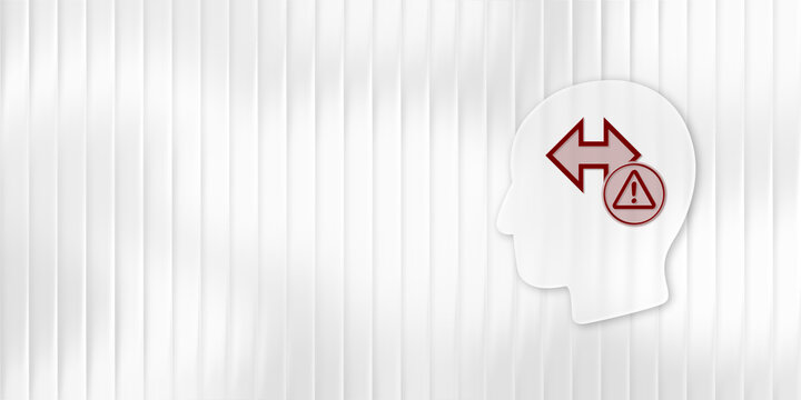 Conceptual illustration of a human head silhouette featuring a double arrow and warning sign with ample copy space on a textured white background for psychological projects