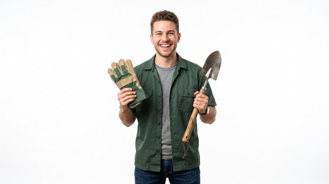 Smiling man holding gardening gloves and a shovel ready for outdoor work on a white background
