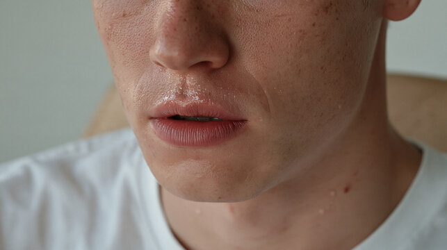 Close up of sweat beading on a pale man's upper lip and collarbone as he sits rigidly in a waiting chair, cold sweat symptom, vasovagal reaction, anxiety physiological response,