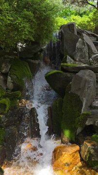 Japanese Inspired Garden Waterfall Surrounded By Plants And Stone Features

