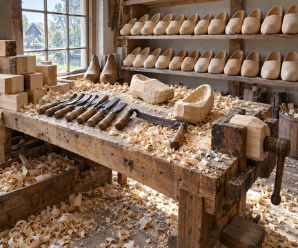 Wooden clog workshop with hand carved clogs chisels and wood shavings