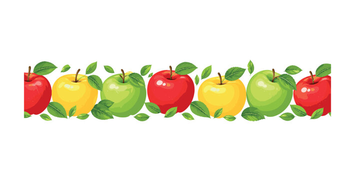 Colorful apple fruit border with red yellow and green apples on a clean white background