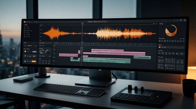 Modern video editing software interface on wide monitor screen. Pro editor works with color grading tools, audio waveform timeline in dark studio. Digital workstation setup with keyboard, control pad