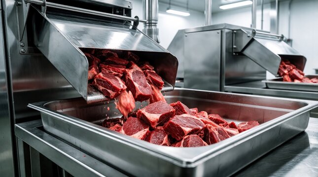 Raw beef chunks fall from industrial machine into stainless steel tray. Large scale meat processing in factory plant. Fresh red meat pieces move through automatic butchering line for commercial food