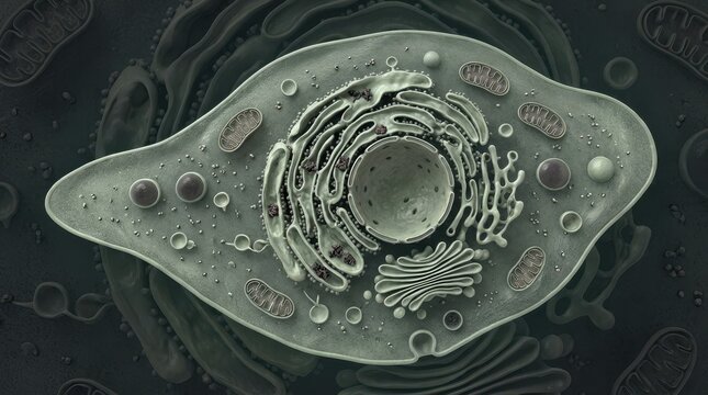 Animal cell ER stress monochrome green render showing swollen endoplasmic reticulum, Golgi body, mitochondria and nucleus in dark biological cross section