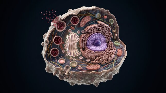 Animal cell exocytosis secretory process 3D render with vesicles fusing at membrane, prominent nucleus, Golgi cisternae and mitochondria visible