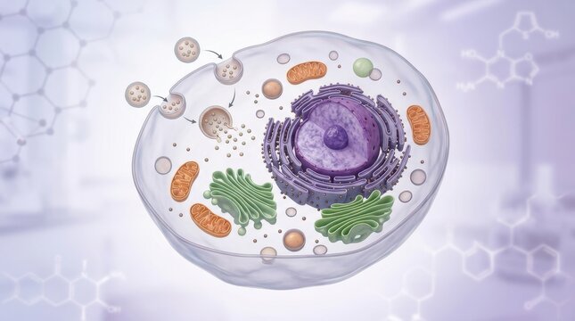 Animal cell illustration showing intracellular vesicle secretion pathway, green Golgi, mitochondria and nucleus with molecular hexagon background