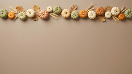 Obraz premium Mini pumpkins and wheat decoration on wall