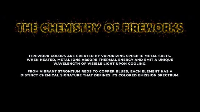 Educational chemistry animation explaining how metal salts create different firework colors, followed by 8 animated fireworks with chemical element information and color labels, alpha channel BG