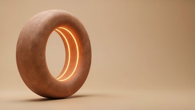 Abstract stone textured ring shape with glowing orange inner light against a solid beige background