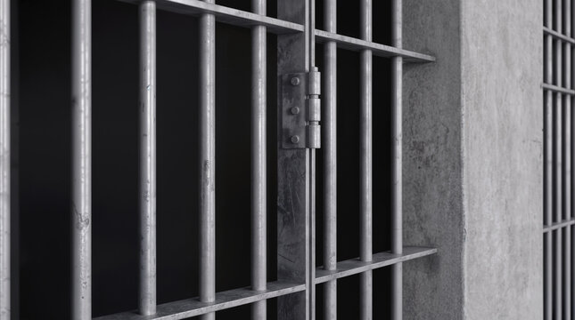 Steel bars of prison cell door. Close-up of correctional facility interior with concrete walls and metal gate.
